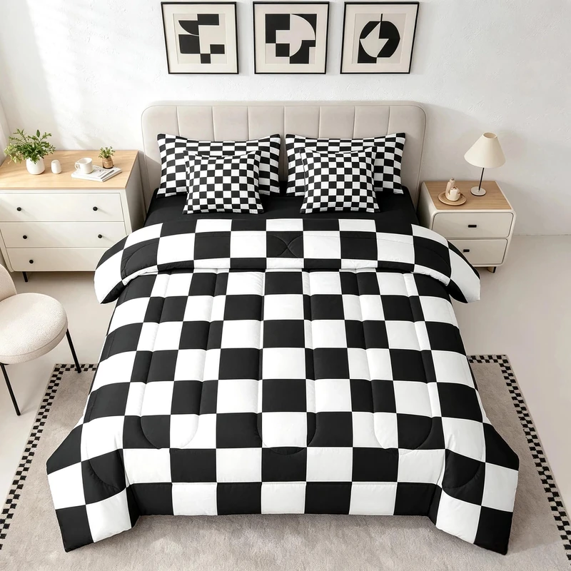Feelyou Checkered Retro 7 Piece Bedding Set Teen Women Men Black White Plaid Comforter Set with Sheets Queen Size Kids Boys Geometric Vintage Bed in a Bag Modern Simple Groovy Aesthetic Room Decor