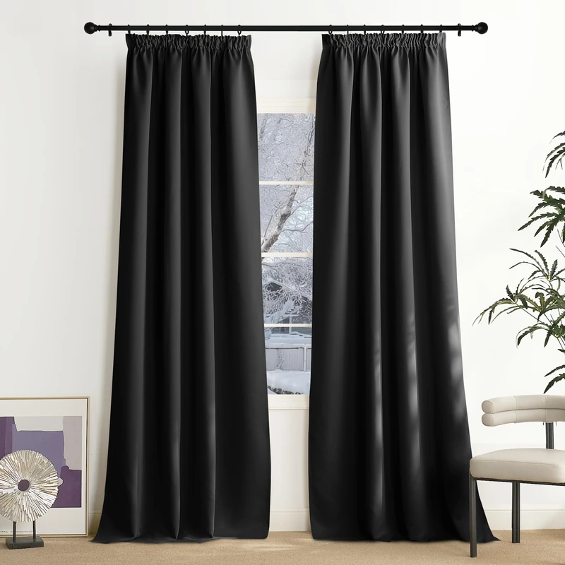 NICETOWN Black Opaque Curtains with Ruffle Tape Thermal Curtain Heat Protection Set of 2 Thermal Curtains Blackout Living Room 240 x 140 cm (H x W)