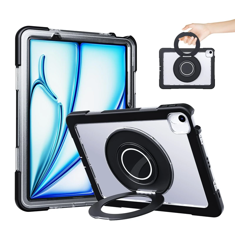 ROSROME Case for iPad Air 11-inch M3 2025/M2 2024 with HD Screen Protector, 360°Rotating Metal Stand, Heavy Duty Shockproof Protective Translucent Back Kids Cover with Pencil Holder, Black