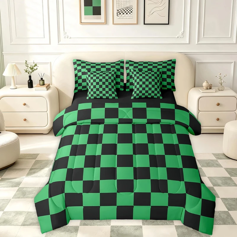 Feelyou Checkered 7 Piece Bedding Set Teen Green Black Plaid Comforter Set with Sheets Full Size Kids Boys Cute Retro Neutral Checkerboard Geometric Bed in a Bag Vintage Aesthetic Room Decor