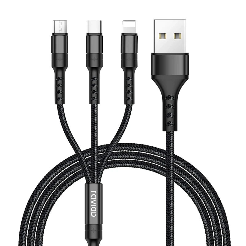 RAVIAD Multi Charger Cable, 3 in 1 Charger Cable 3A USB Fast Charging Cord [3M] Multi Charging Cable with Micro USB Type C Lightning Cable Connector for iPhone, Samsung, Sony, LG, PS5-Black