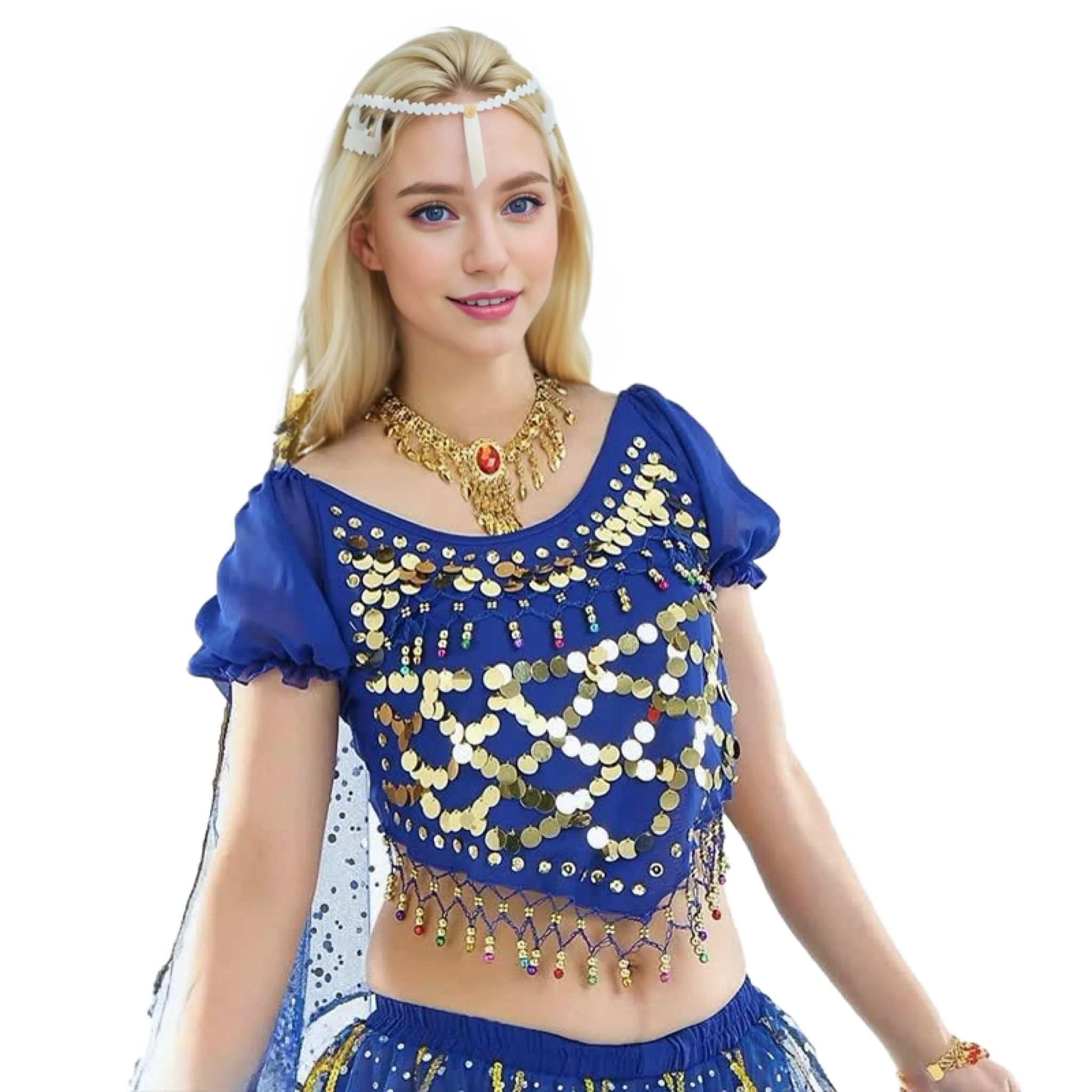 Baisdan Women's Belly Dance Top Short Sleeves Dance Top with Coin Belly Dancer Costume Dark Blue