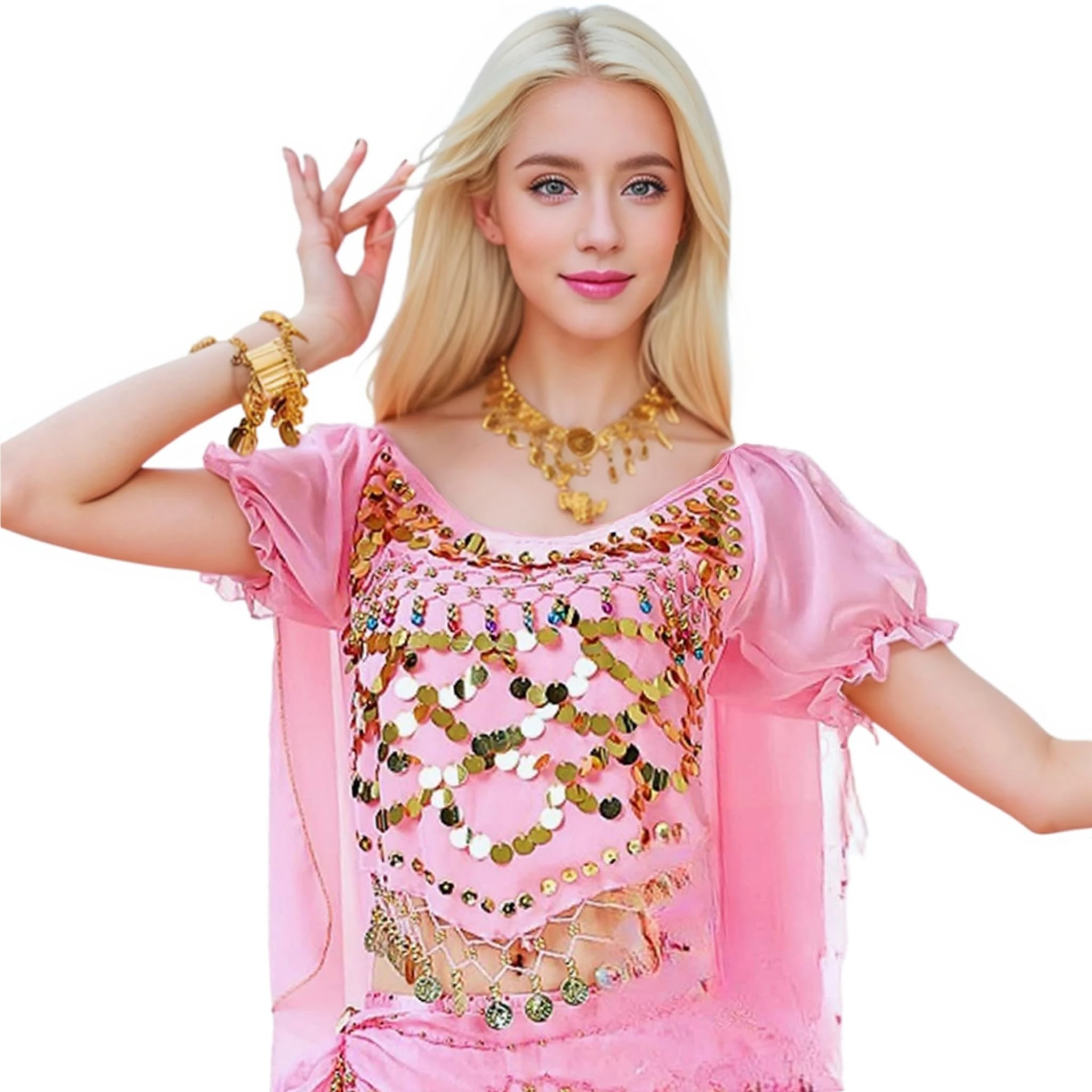 Baisdan Women's Belly Dance Top Short Sleeves Dance Top with Coin Belly Dancer Costume Pink