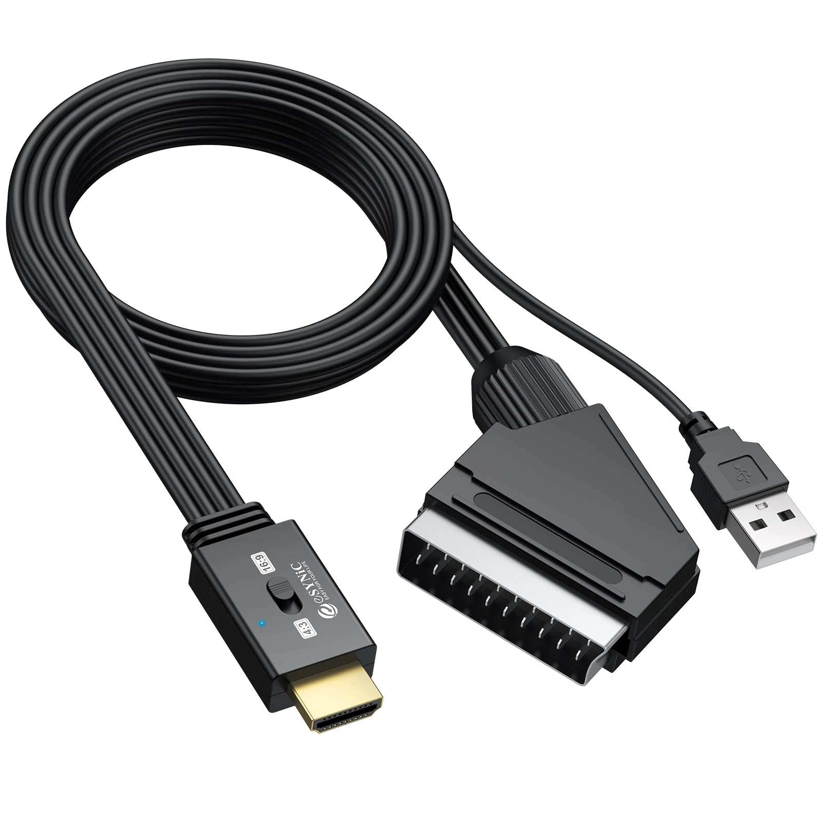 eSynic Upgraded Scart to HDMI 1080P Converter with Aspect Switch 4:3/16:9 Gold SCART to HDMI Adapter for VCR, VHS, DVD ect, NTSC/PAL Support, Built-in Scart HDMI &USB Cable (Male to Male)