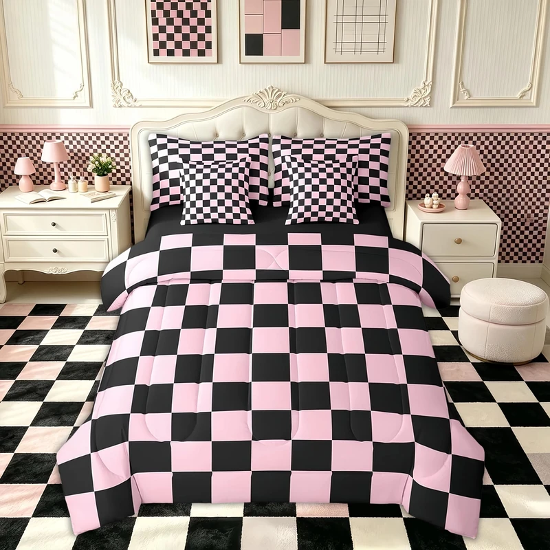 Feelyou Checkered 7 Piece Bedding Set Teen Pink Black Plaid Comforter Set with Sheets Full Size Kids Boys Cute Retro Neutral Checkerboard Geometric Bed in a Bag Vintage Aesthetic Room Decor