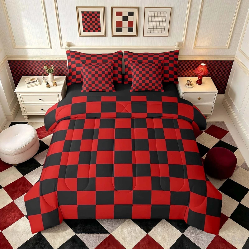 Feelyou Checkered 7 Piece Bedding Set Teen Red Black Plaid Comforter Set with Sheets Twin Size Kids Boys Cute Retro Neutral Checkerboard Geometric Bed in a Bag Vintage Aesthetic Room Decor