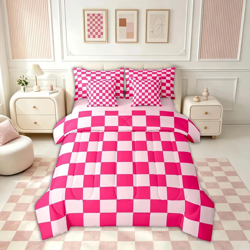 Feelyou Checkered 7 Piece Bedding Set Teen Women Boho Modern Cute Aesthetic Decorative Girly Comforter Set with Sheets Twin Size Kids Boys Geometric Chic Bed in a Bag Pink White Plaid Room Decor