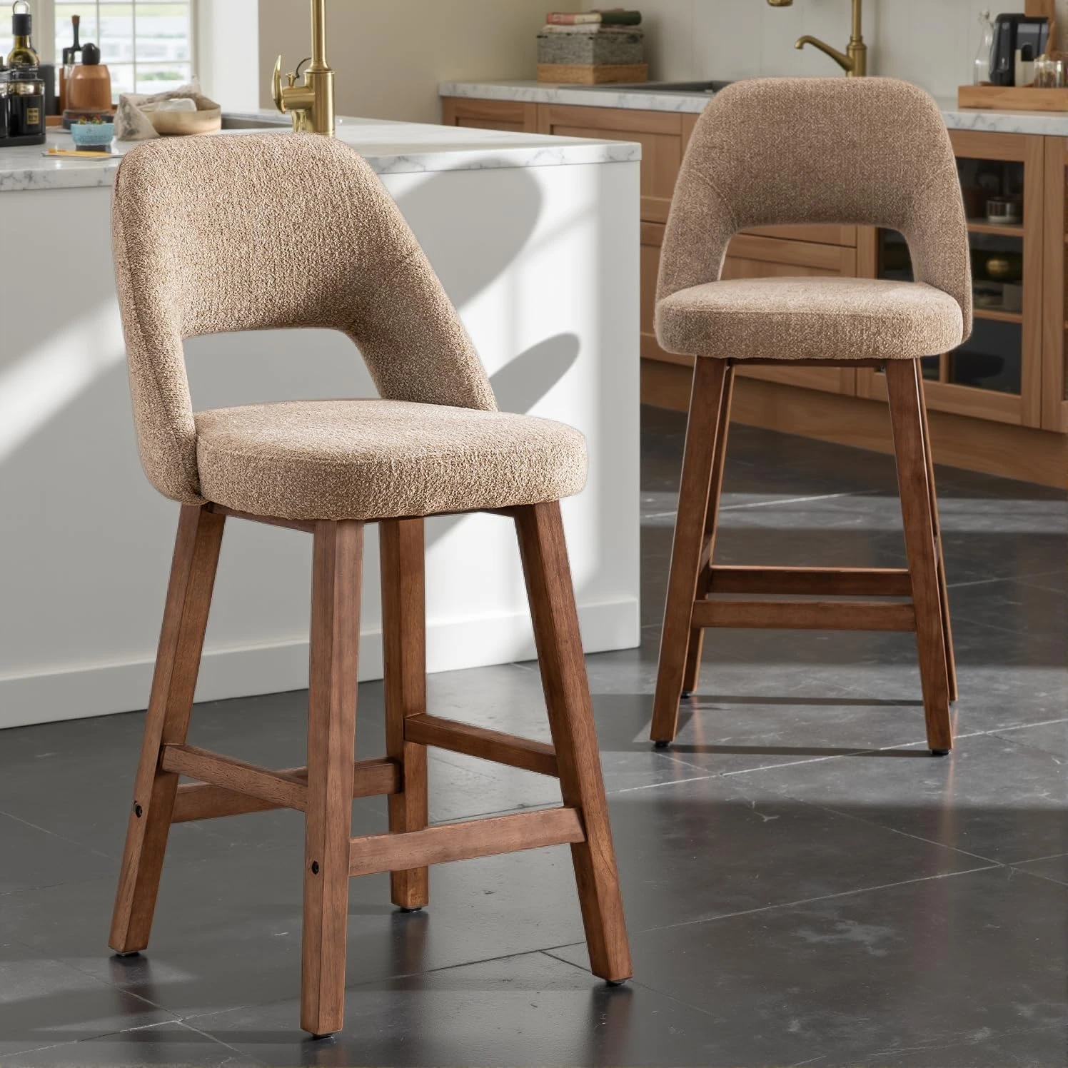 Kidol & Shellder Set of 2 Boucle Bar Stools, 67CM Tall Wooden Barstools, Uplostered Velvet Kitchen Bar Stool with Backrest and Footrest Island Chairs for Dining Room Pub, Coffee