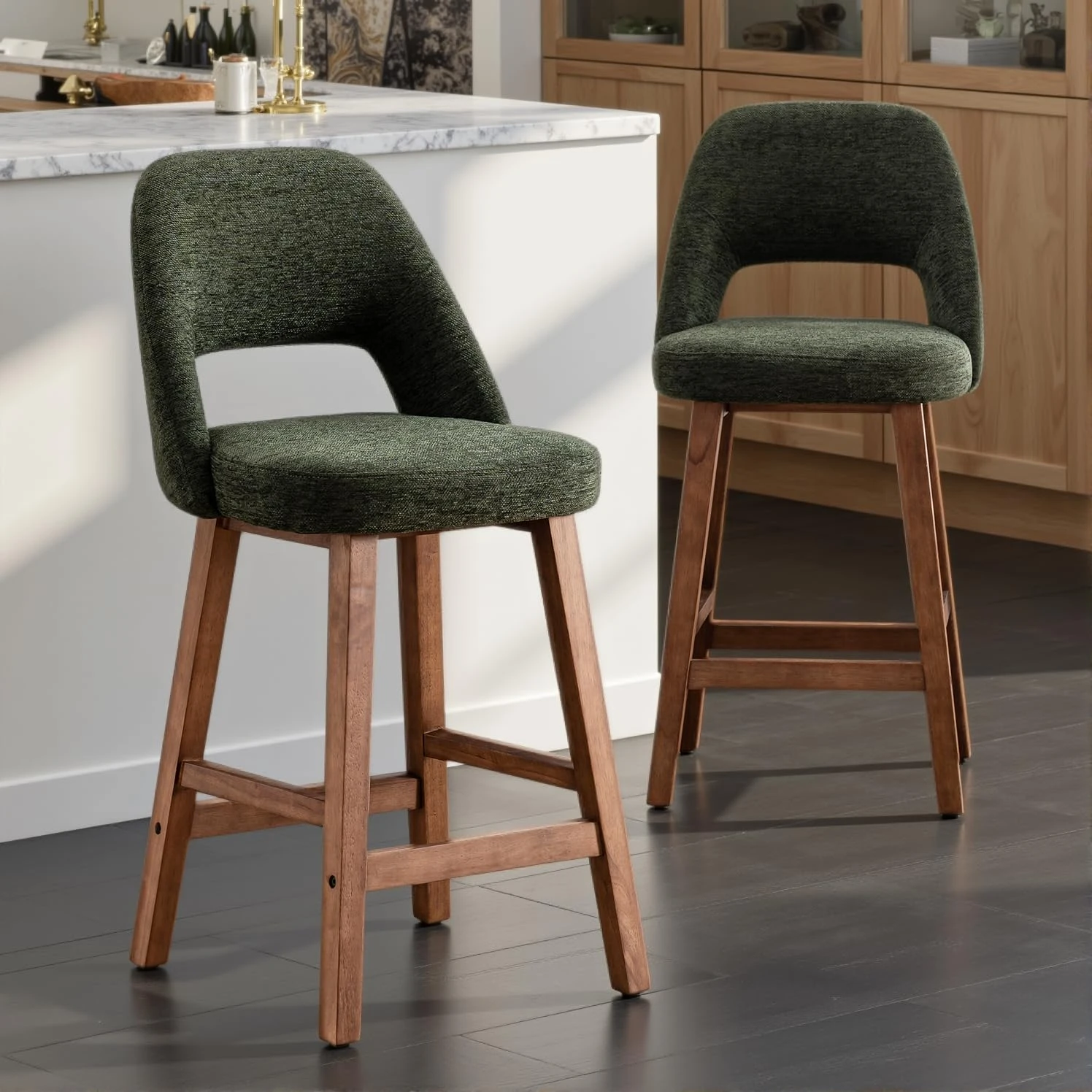 Kidol & Shellder Set of 2 Boucle Bar Stools, 67CM Tall Wooden Barstools, Uplostered Velvet Kitchen Stool with Backrest and Footrest Island Bar Chairs for Dining Room Pub, Green