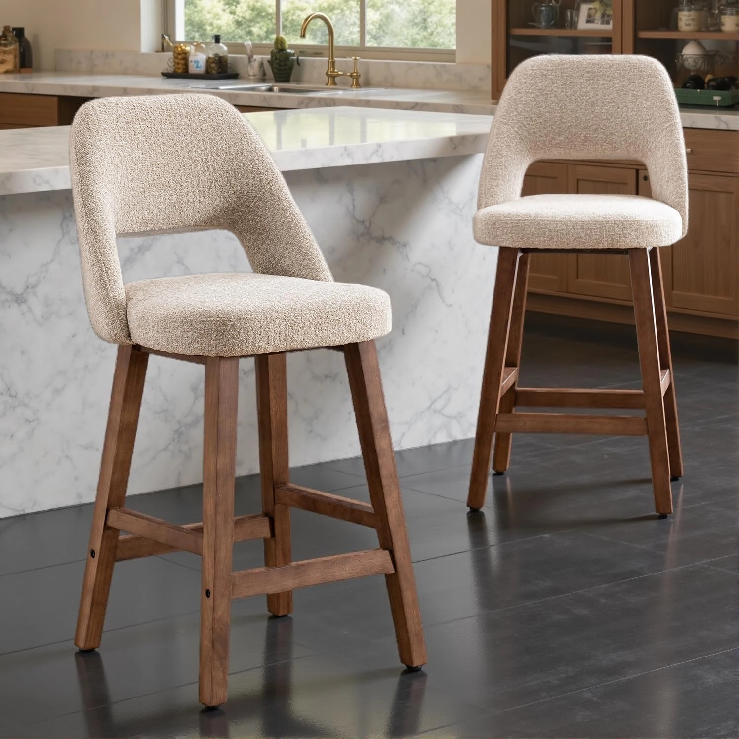 Kidol & Shellder Set of 2 Boucle Bar Stools, 67CM Tall Wooden Barstools, Uplostered Velvet Kitchen Stool with Backrest and Footrest Island Bar Chairs for Dining Room Pub, Oatmeal