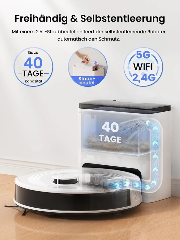 Lefant M2 Plus Robot Vacuum Cleaner 6000Pa with Automatic Dust-Draining Station, Laser Navigation with Mapping, Obstacle Avoidance PSD, 140 Mins, Ideal for Pet Hair