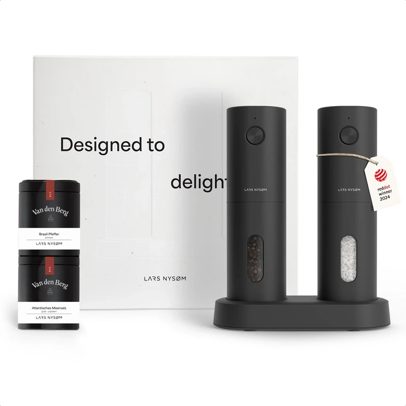 LARS NYSØM Electric Spice Mills & Spices Gift Set - Salt and Pepper Mills Set with 2 high-Quality Spice Jars (Salt, Pepper) - Beautiful Gift Box (Carbon Black)