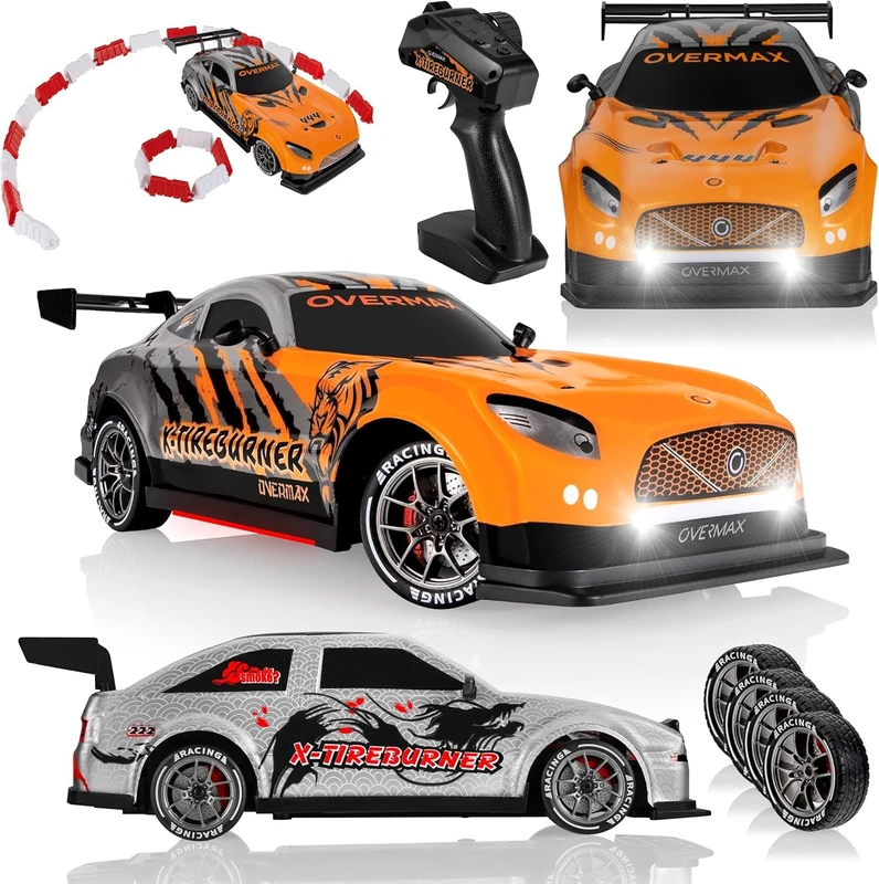 Overmax X-Tireburner 1:16 RC Drift Car – 20KM/H 4WD Remote Control Car with LED Lights, 2 Batteries, Drift & Racing Tires, Dual Shells, Plug’n’Play Battery System, Obstacle Set