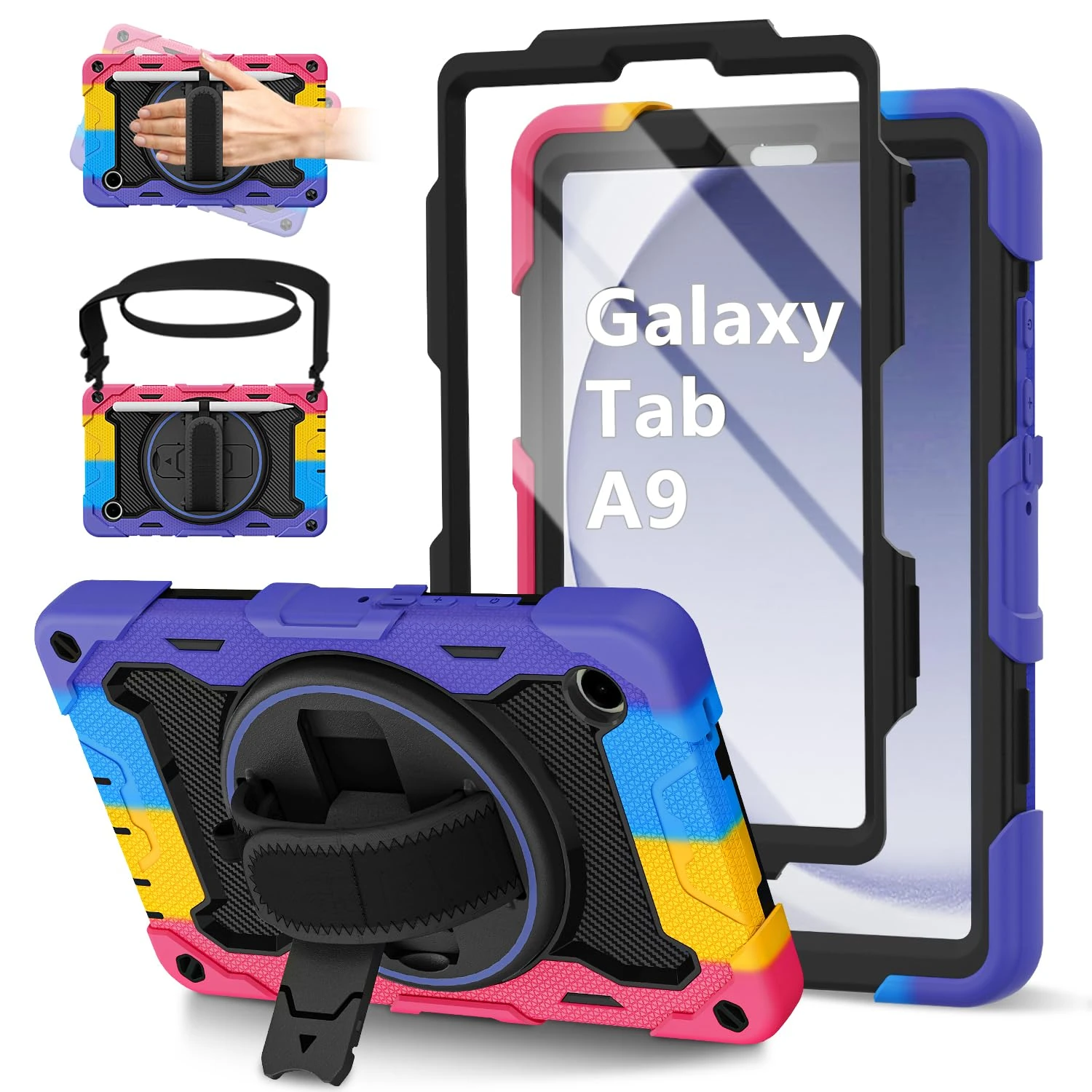 ROSROME Case for Samsung Galaxy Tab A9 8.7-Inch 2023 with HD Screen Protector, 360°Rotating Stand, Heavy Duty Shockproof Protective Tablet Case Kids Cover with Shoulder Strap/Pencil Holder, Rainbow