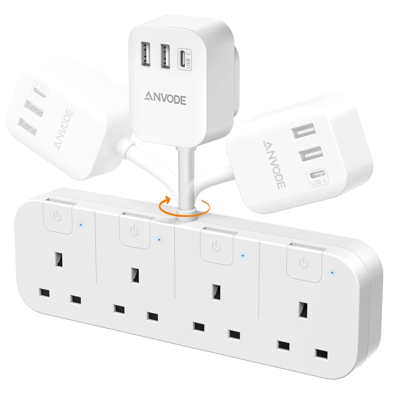 4 Way Plug Adapter with USB C, 4 Gang Small Short Extension Lead with Independent Switches, Multi Wall Socket UK Power Strip for Home, Kitchen (White)