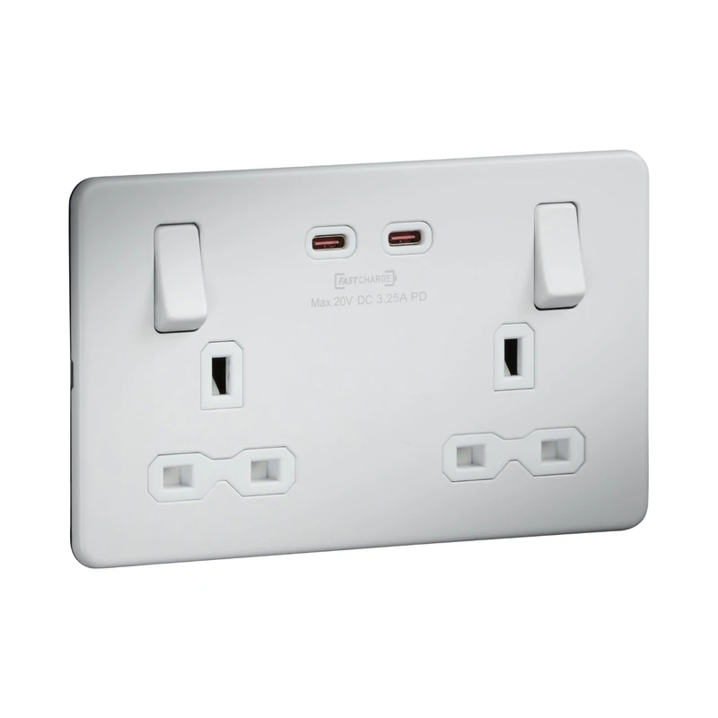 Screwless Double Switched Socket with Dual USB-C [65W Fast Charge] – Matt White