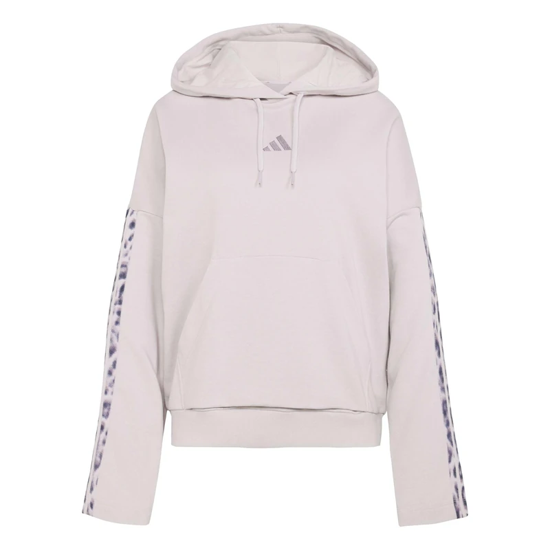 adidas Women's Seasonal Essentials Leopard Print French Terry Hoodie with 3-Stripes, ice purple/MULTICOLOR, L