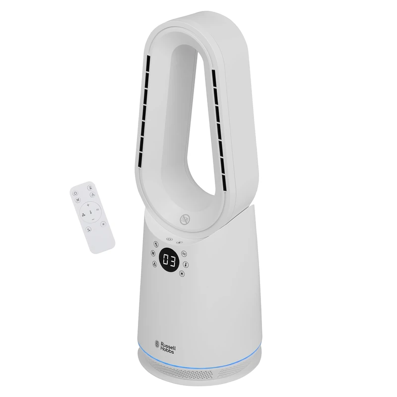 Russell Hobbs, Bladeless Heat and Cool Fan with 9 Speed Settings, Eco Mode, High Mode, Sleep Mode, LED Display & Remote Control, 8-Hour Timer and Oscillating Feature in White, RHCBLDL3IN1