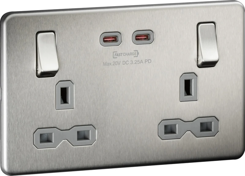 Screwless Double Switched Socket with Dual USB-C [65W Fast Charge] – Brushed Chrome with Grey Insert