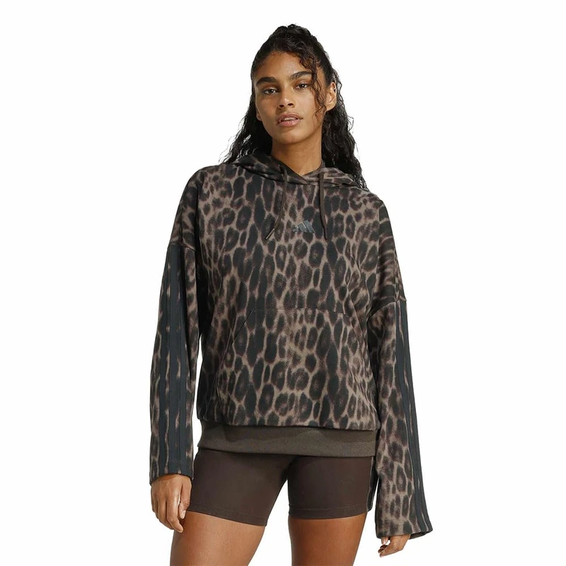 adidas Women's Seasonal Essentials Leopard Print French Terry Hoodie with 3-Stripes, MULTICOLOR/earth strata/shadow brown, S
