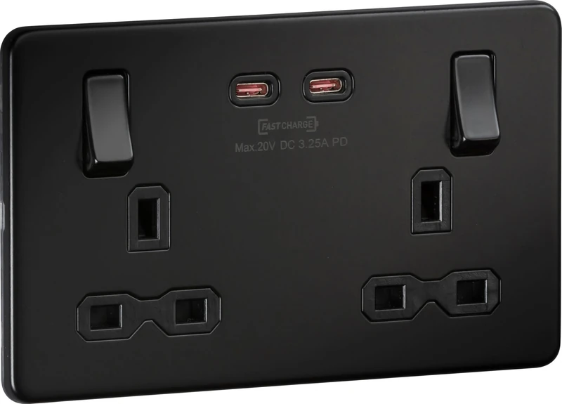 Screwless Double Switched Socket with Dual USB-C [65W Fast Charge] – Matt Black