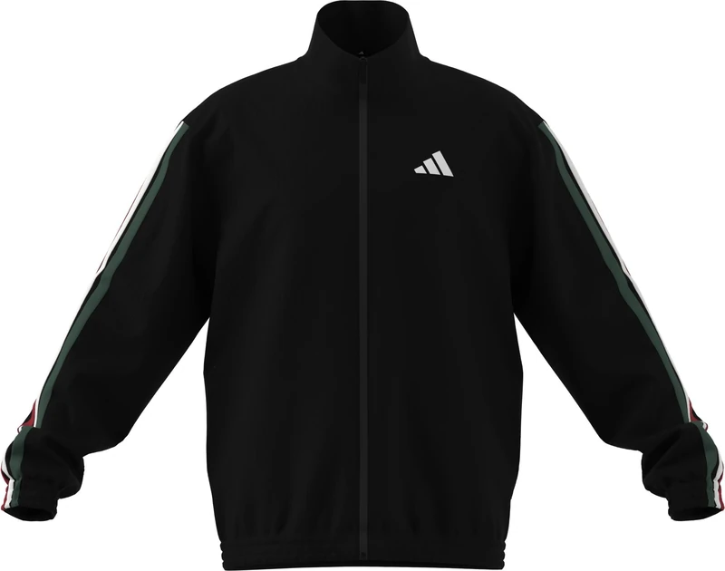 adidas Men's ESSENTIALS 3-STRIPES WOVEN TRACKTOP, black/team dark green/white/better scarlet, L