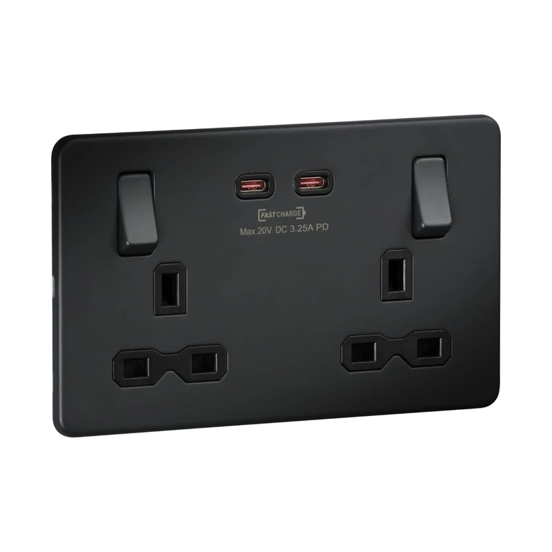 Screwless Double Switched Socket with Dual USB-C [65W Fast Charge] – Anthracite