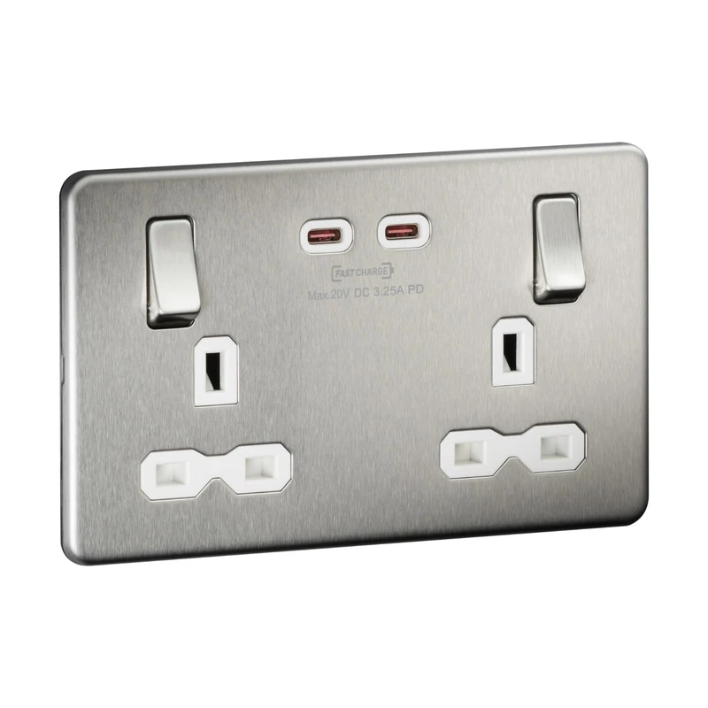Screwless Double Switched Socket with Dual USB-C [65W Fast Charge] – Brushed Chrome with White Insert