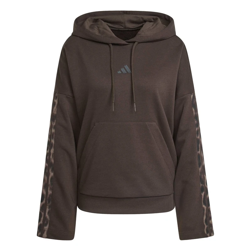 adidas Women's Seasonal Essentials Leopard Print French Terry Hoodie with 3-Stripes, Aurora Coffee/MULTICOLOR, M