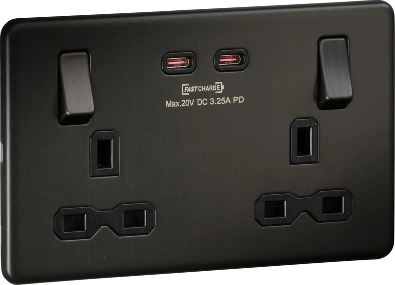 Screwless Double Switched Socket with Dual USB-C [65W Fast Charge] – Smoked Bronze