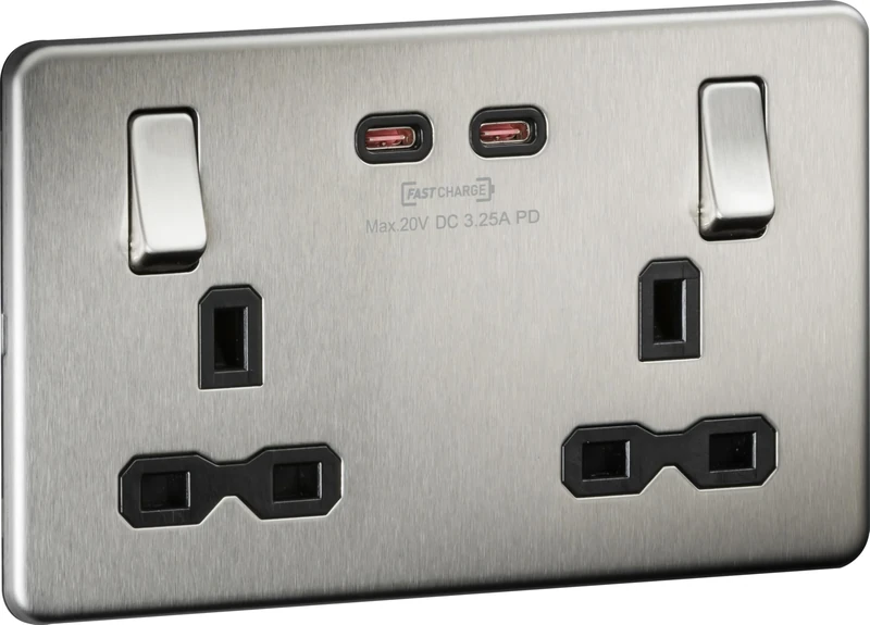 Screwless Double Switched Socket with Dual USB-C [65W Fast Charge] – Brushed Chrome
