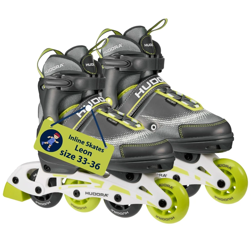 Hudora Inline Skates Leon - Inline skates for children/teenagers & adults in lime - Roller skates adjustable up to 4 sizes - Comfortable & stylish skates -size 33-36