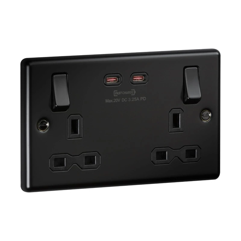 Raised Edge Double Switched Socket, Rounded, Dual USB-C [65W Fast Charge] – Matt Black