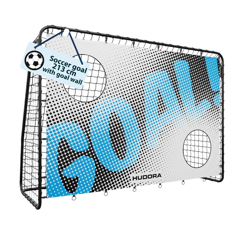 HUDORA Soccer Goal Trainer with Target Wall - Sturdy Outdoor football Goal for Kids & Adults - Goal wall with two reinforced shot holes - Weatherproof for Training & Leisure