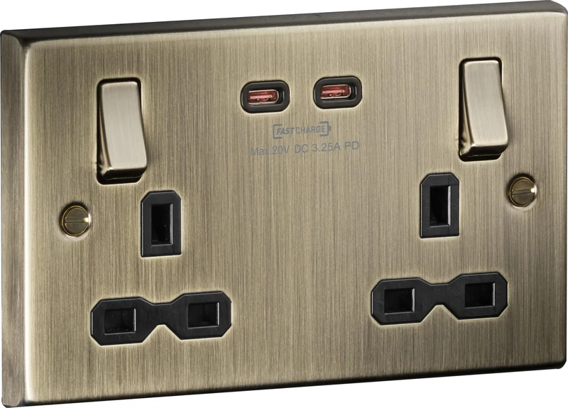 Raised Edge Double Switched Socket, Square, Dual USB-C [65W Fast Charge] – Antique Brass