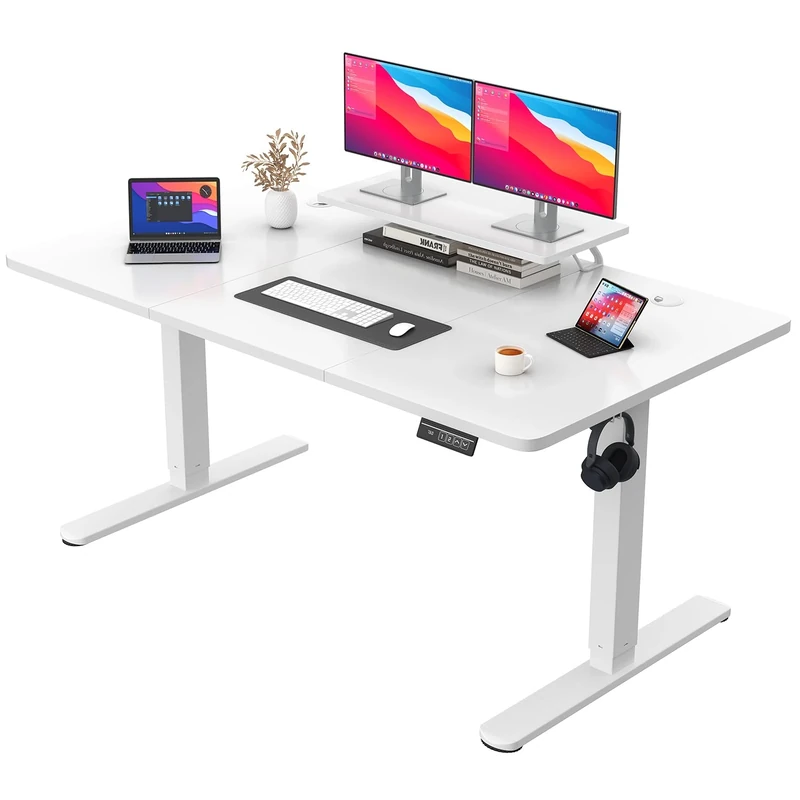 JUMMICO Electric Standing Desk with Monitor Stand, 160x70cm Height Adjustable Desk, Office Table with 2 Memory Smart Pannel,White