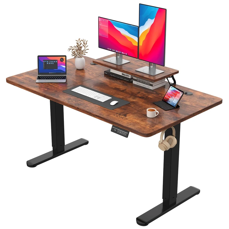 JUMMICO Electric Standing Desk with Monitor Stand, 140x60cm Height Adjustable Desk, Office Table with 2 Memory Smart Pannel,Rustic Brown