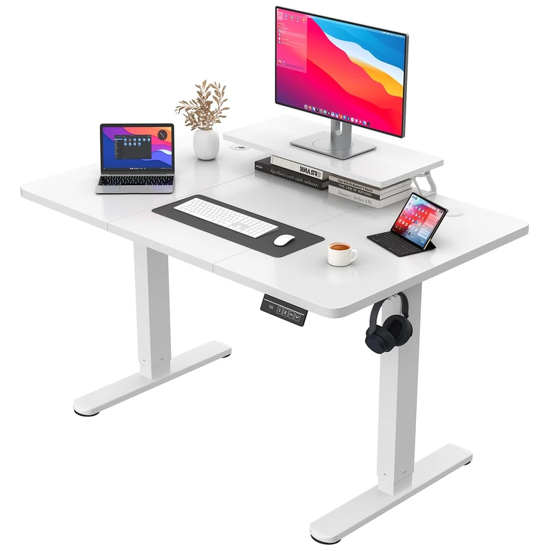 JUMMICO Electric Standing Desk with Monitor Stand, 120x60cm Height Adjustable Desk, Office Table with 2 Memory Smart Pannel,White