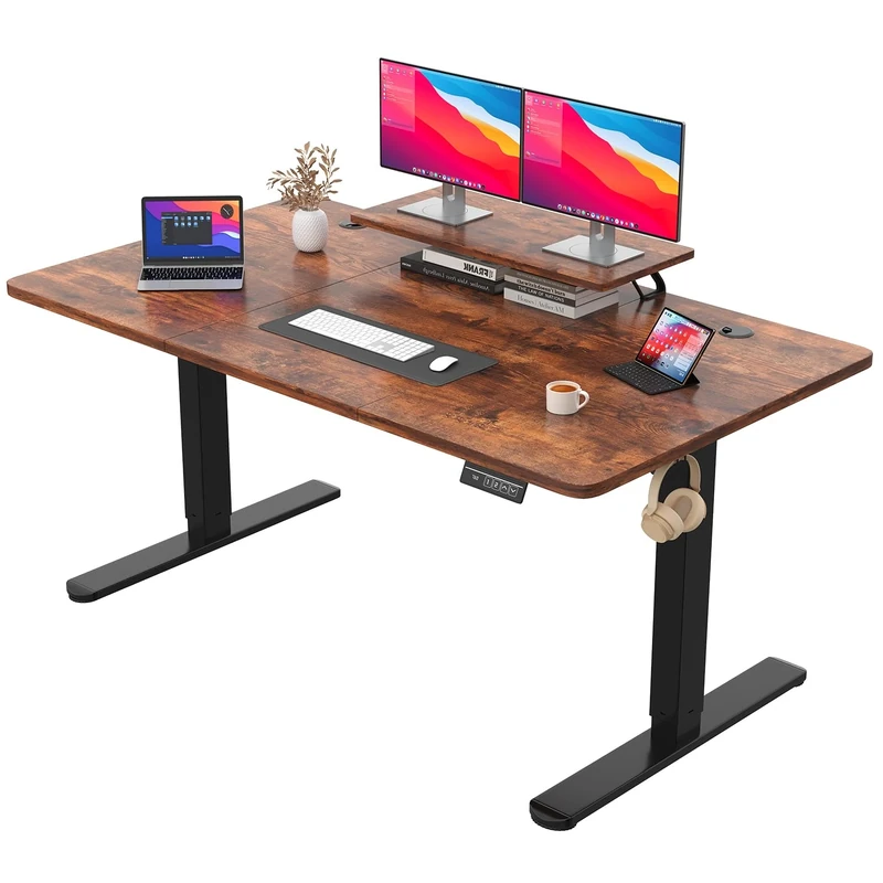 JUMMICO Electric Standing Desk with Monitor Stand, 160x70cm Height Adjustable Desk, Office Table with 2 Memory Smart Pannel,Rustic Brown