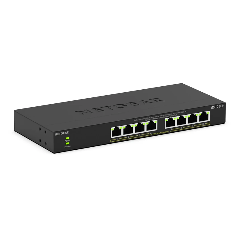NETGEAR 8 Port PoE Switch (GS308LP) - Gigabit Ethernet Unmanaged Network Switch - with 8 x PoE+ @ 60 W Upgradeable - Desktop, Wall Mount or Rackmount - Limited Lifetime Protection