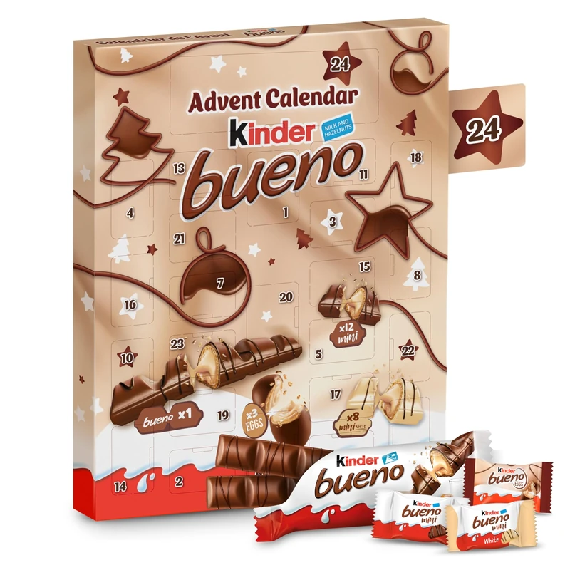 Kinder Bueno Christmas Advent Calendar 2025, Milk and Hazelnut Mini Chocolates, Eggs, Full Chocolate Bar, 181g