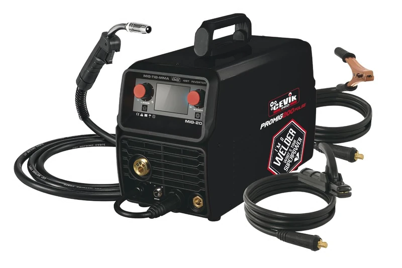 CEVIK PRO CE-PROMIG200P - Flux/MIG/TIG/MMA Inverter Welder - 200A 60% - 230V - Wire 1mm - Electrodes up to 4mm - LCD - Includes AX15 MIG Torch, 35-50 Mass Clamp, 35-50 Electrode Holder, 2 Sygas
