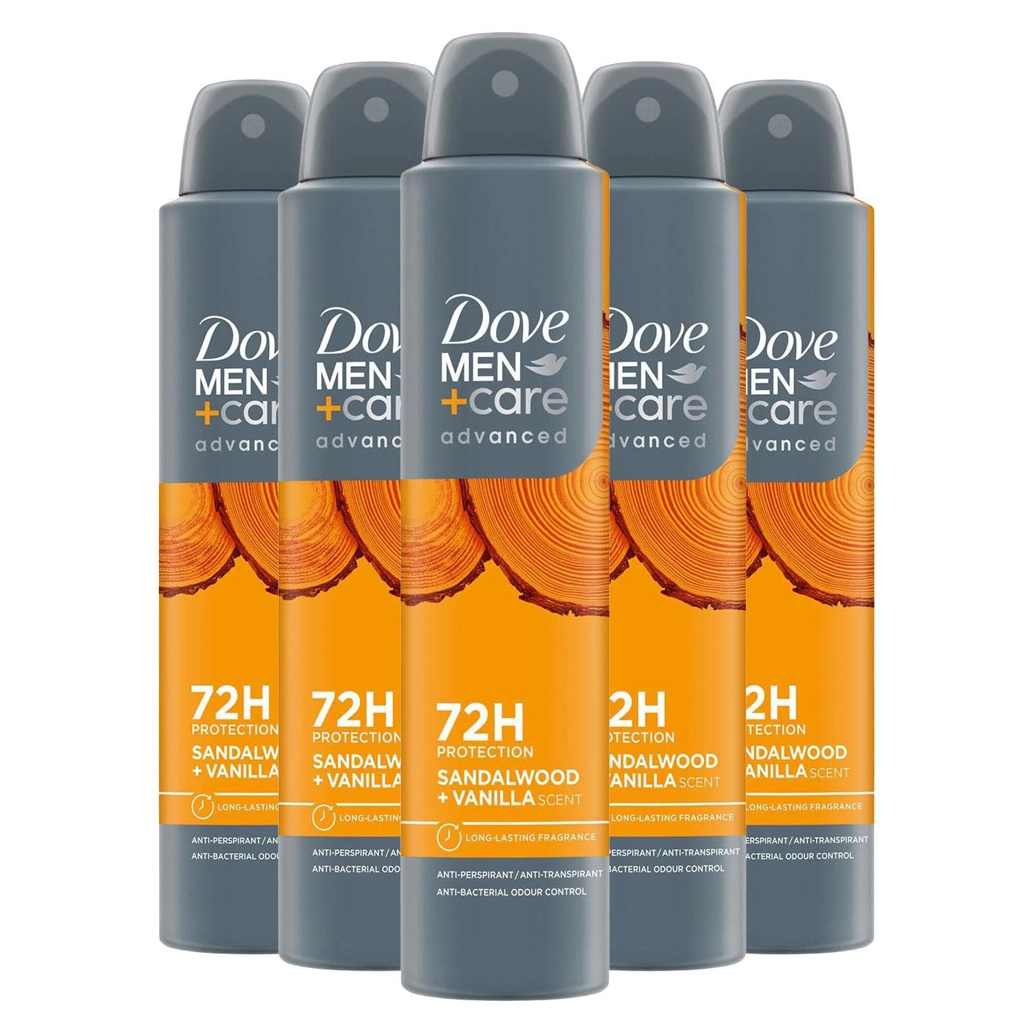 Dove Men+Care Advanced Sandalwood + Vanilla Anti-Perspirant Aerosol Men's Deodorant Spray with moisturising cream for 72 hour sweat protection and anti-bacterial odour control 200 ml Pack of 5