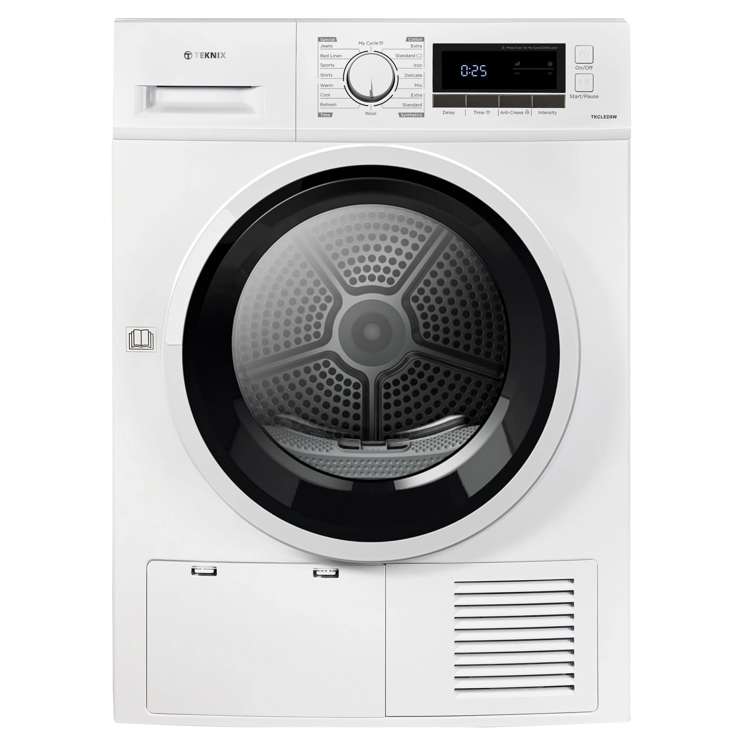 Teknix TKCLED8W 8kg Condenser Tumble Dryer - Freestanding - Top Water Tank - LED Display - 16 Programs - Quick Dry - Reverse Drum - Anticrease Technology, H84.5 x W59.5 x D61.5 (cm)