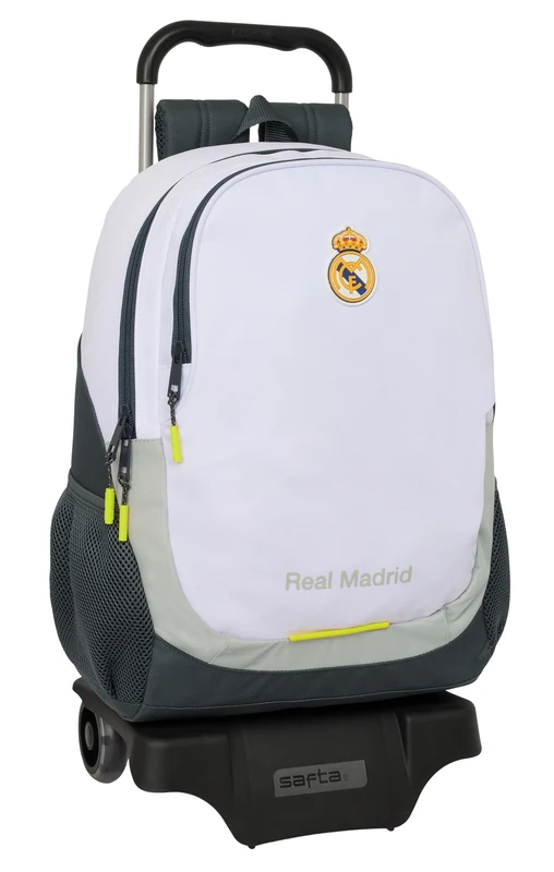 safta Real Madrid Attrezzature 25/26 School Backpack with Trolley Ideal for Children of Different Ages, Comfortable and Versatile, Quality and Durability, 33 x 15 x 43 cm, White, M, Casual, White, M