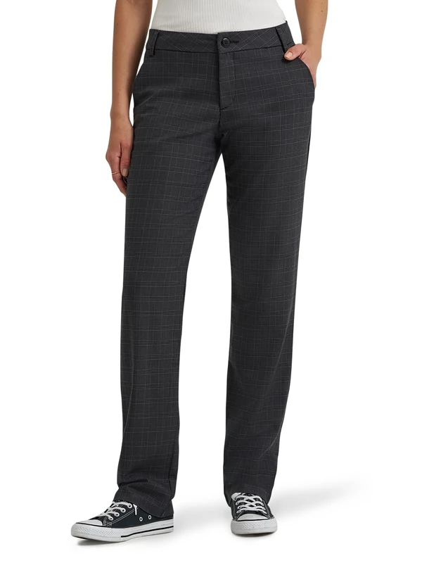 Lee Women's Wrinkle Free Relaxed Fit Straight Leg Pant, Black/Static Gray Plaid, 22 Short