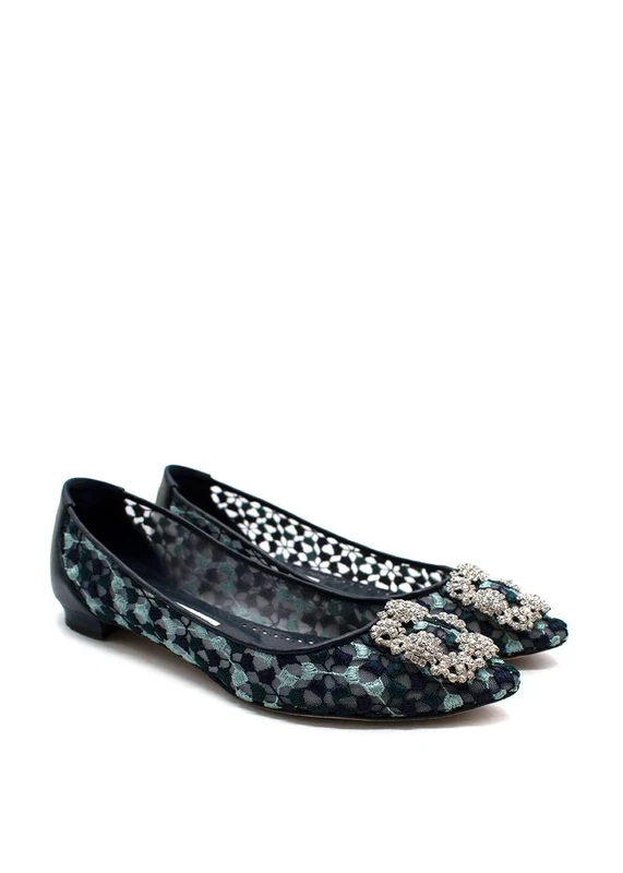 MANOLO BLAHNIK Pre-Loved Navy Lace Jewel Buckle Flat Pumps