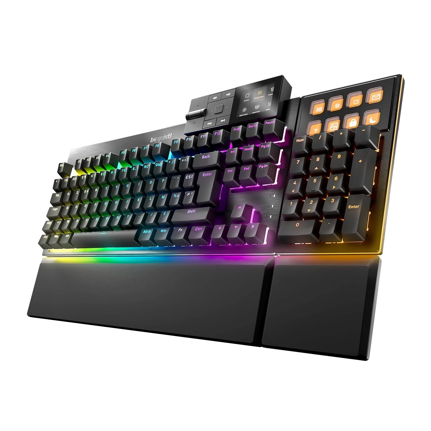 be quiet! Dark Mount keyboard, with hot-swappable Numpad and Media Dock, customizable Display Keys, factory-lubricated mechanical Silent Switches, PBT double-shot, ARGB