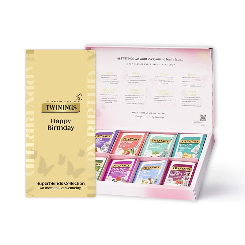 Twinings Happy Birthday Superblends Collection Gift Box | 40 Tea Bags | 8 Premium Green & Herbal Infusions | Ideal Birthday Gift for Women & Men