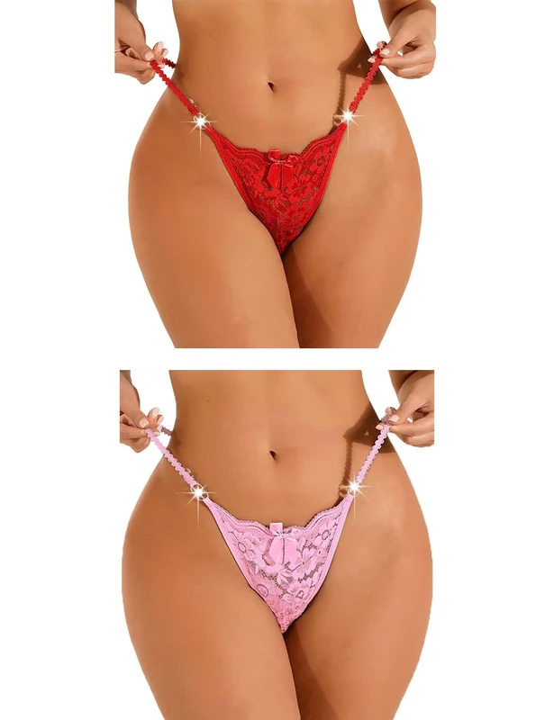 FULLJOYLOVE Women's Sexy Lace Mesh Hollow Panties Waist Belt Drill Seamless Knickers Ladies Stretchy Low Rise Bikini Briefs Hipster Lace Underwear for Female Red White M
